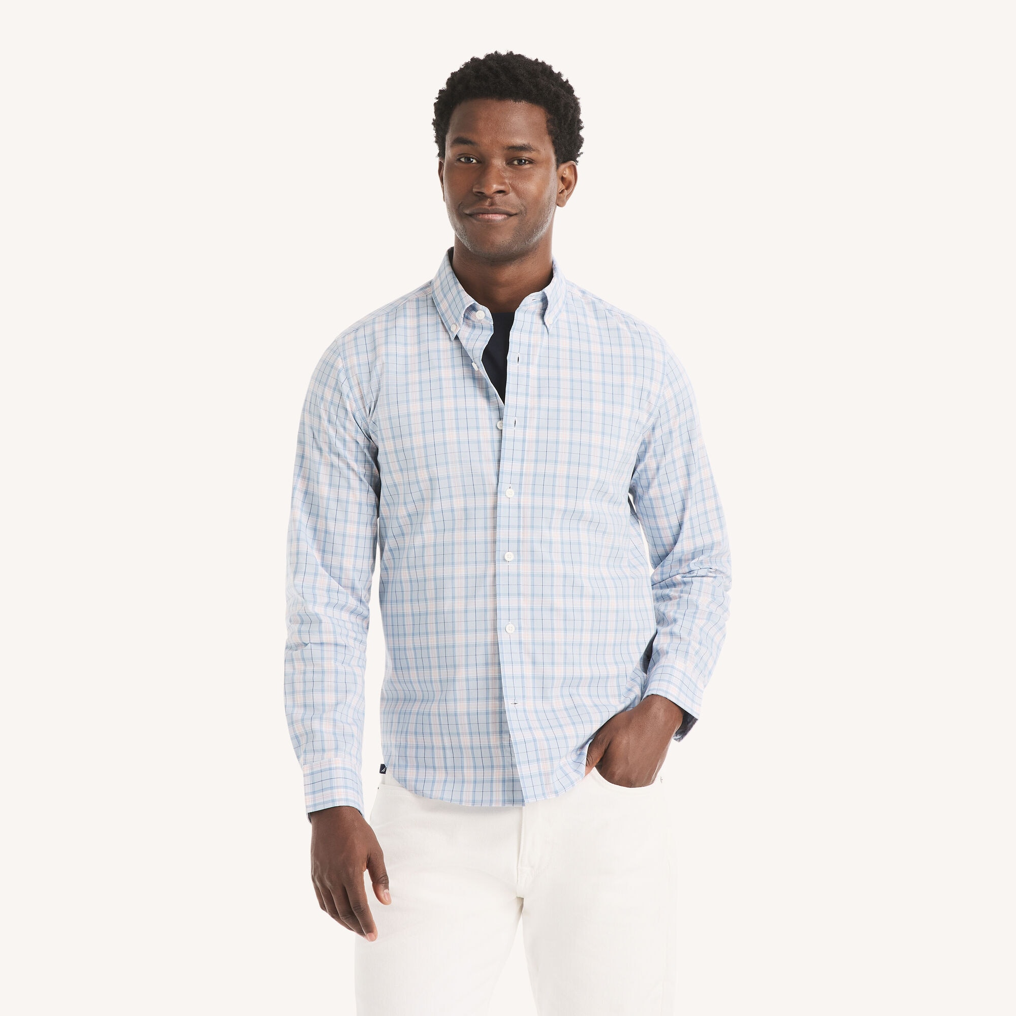 Nautica Men's Slim Fit Wrinkle-Resistant Plaid Shirt 101 (Bright White), L