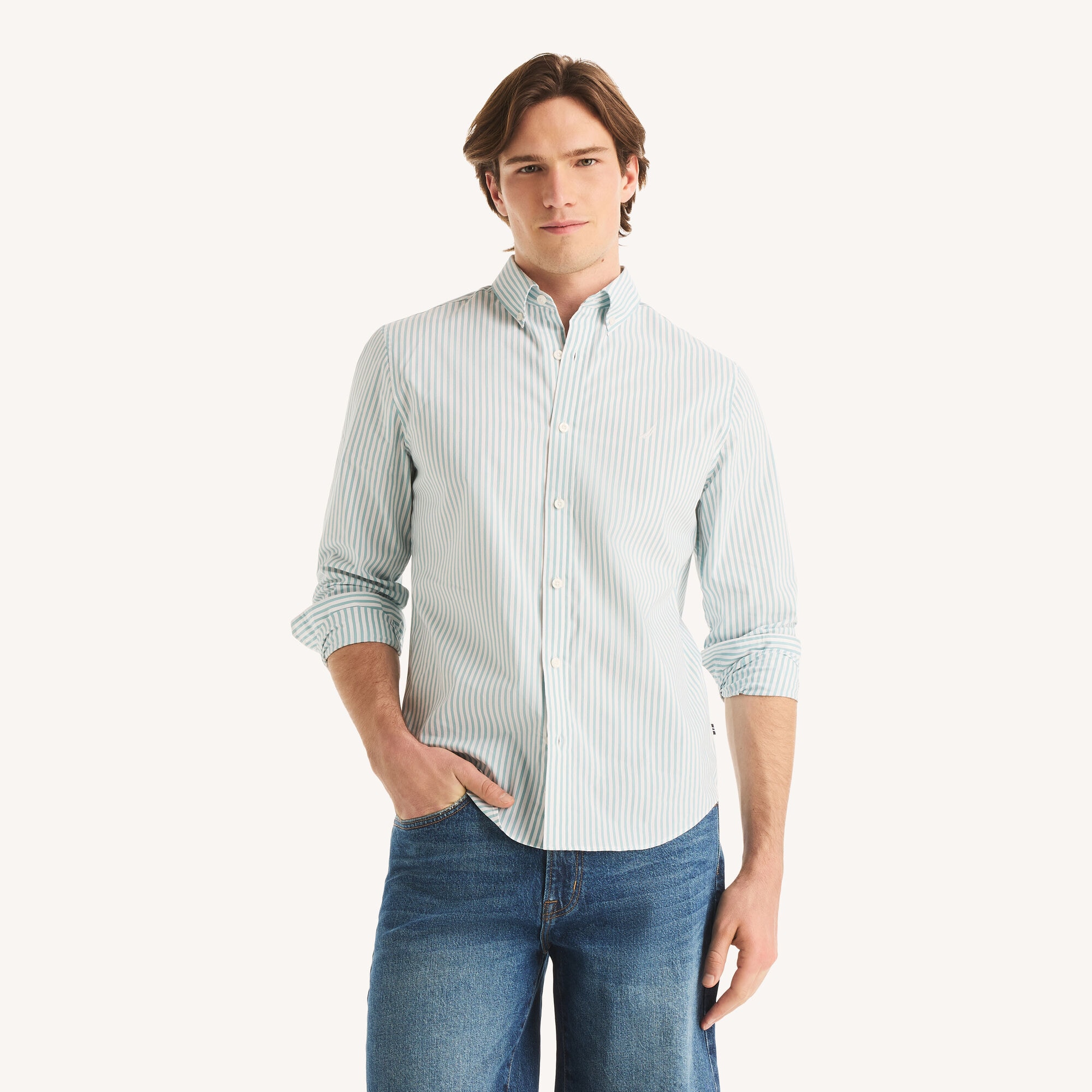 Nautica Men's Classic Fit Wrinkle-Resistant Striped Shirt 420 (Angel Blue), L