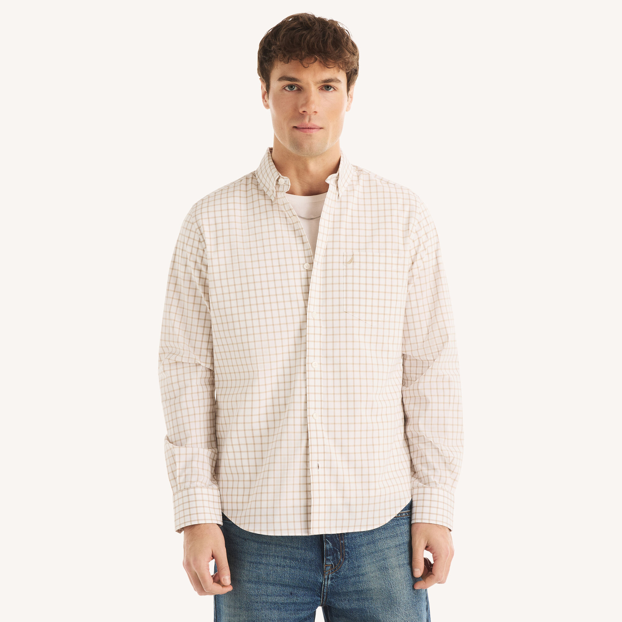 Nautica Men's Classic Fit Wrinkle-Resistant Plaid Shirt 212 (Pale Taupe), L