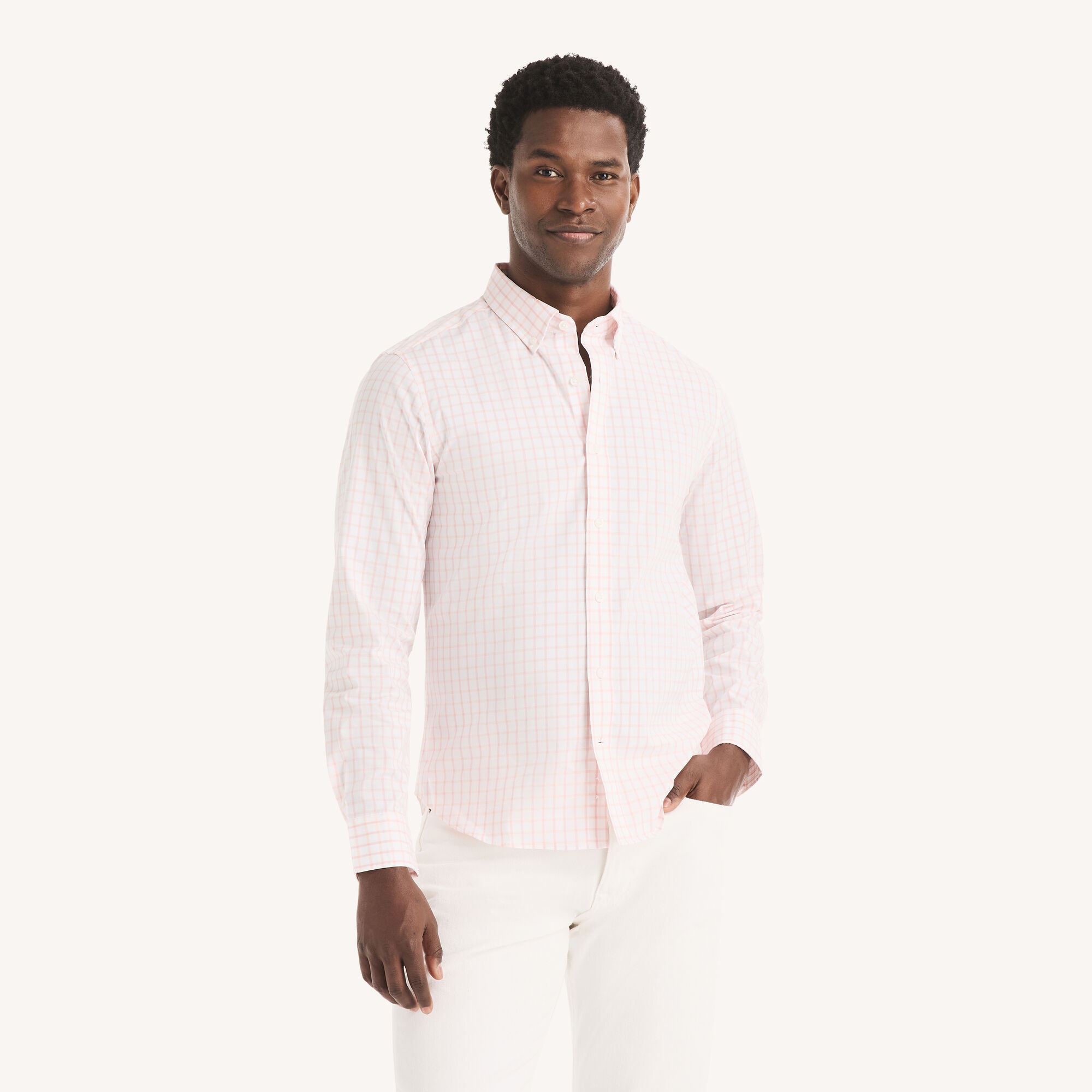 Nautica Men's Slim Fit Wrinkle-Resistant Plaid Shirt 661 (Cabana Pink), XS