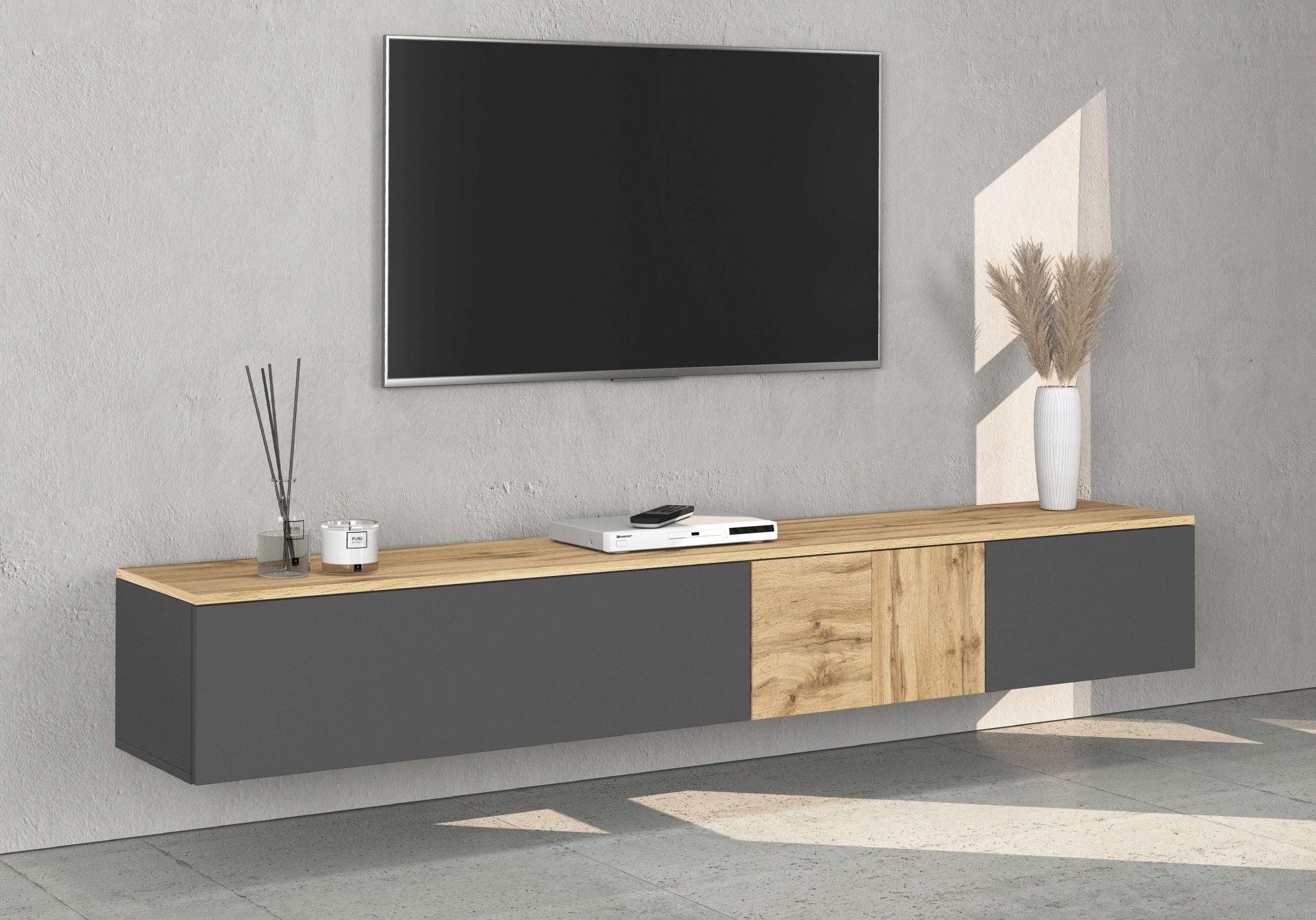 Lowboard INOSIGN "Lowboard ISEO,Lowboard,TV-Kommode,TV-Möbel,TV-Bank", anthrazit, eiche wotan, B:200cm H:30cm T:35cm, Sideboards, Lowboard, stehend/hängend, 1 Klappe, 2 Türen, 3 Fächer, Breite 210 cm