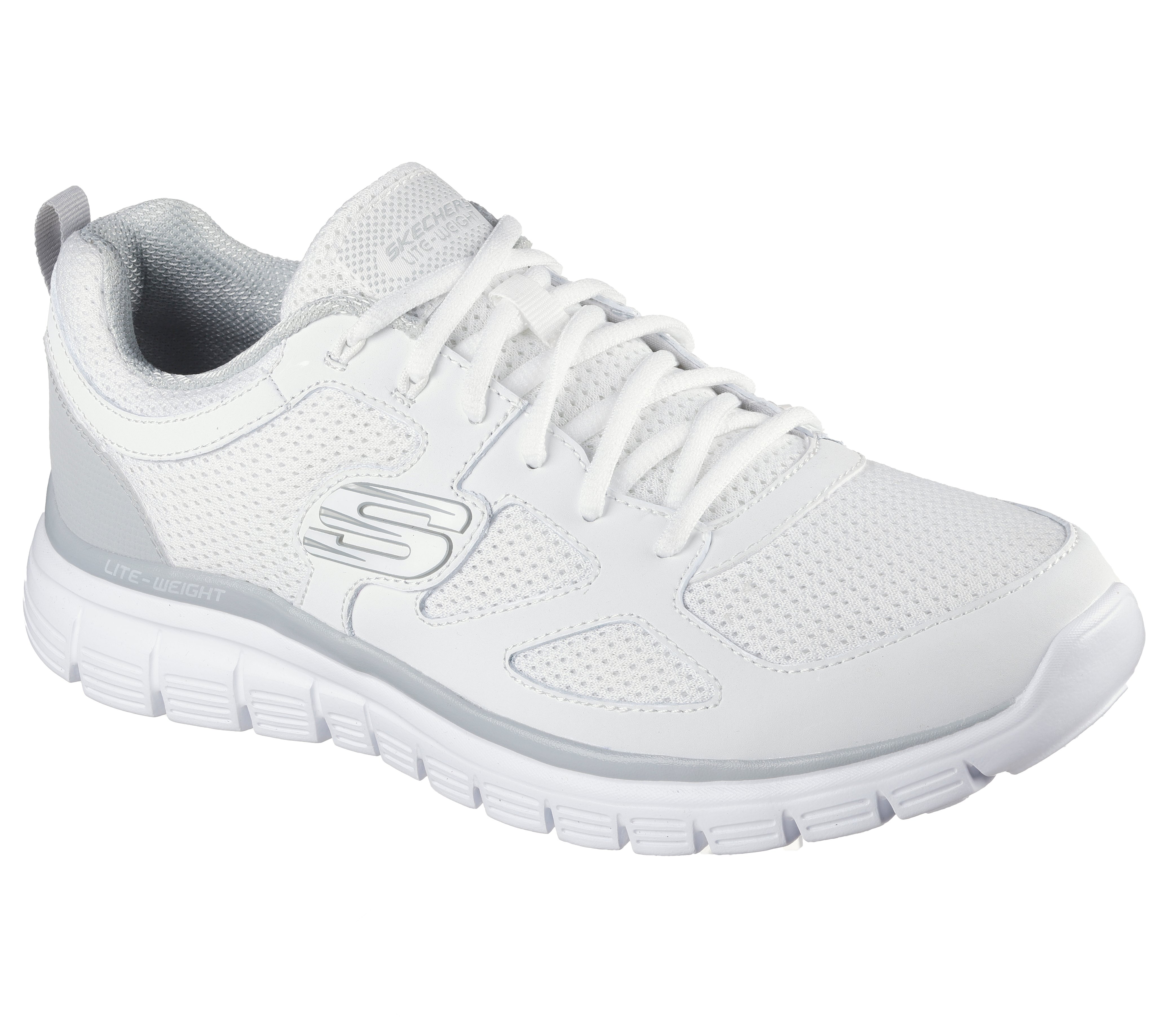 Sneaker SKECHERS "BURNS-AGOURA", Damen, Gr. 43, weiß, grau, Leder, Textil, kontrastfarbene Details, Schuhe Sneaker, Schnürschuh, Sportschuh mit Memory Foam