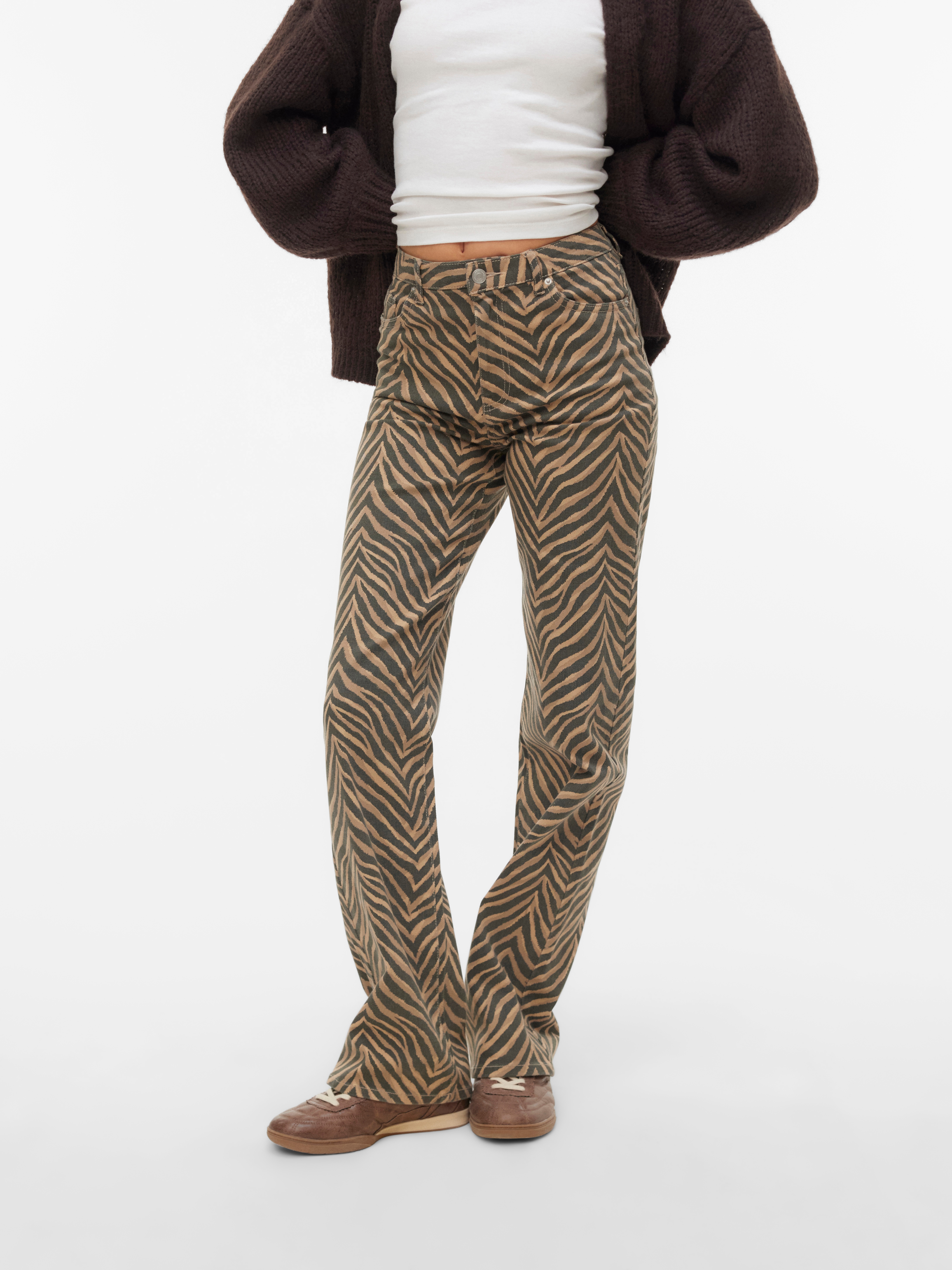 High-waist-Jeans VERO MODA "VMTESSA HR WIDE STRETCH AOP JEANS NOOS", Damen, Gr. 25, Länge 30, silber mink aop:zebra, Denim/Jeans, Obermaterial: 97% Baumwolle, 3% Elasthan, animal-print, bedruckt, oversize lang, Jeans High-Waist-Jeans