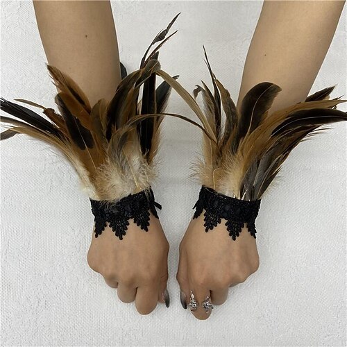 Carnaval 2026 Accessoires Samba du Carnaval de Rio Manchons en Plumes Noires avec Garniture en Dentelle - Bracelets Élégants pour Fêtes Gatsby Costume de Performance Festival Brésilien