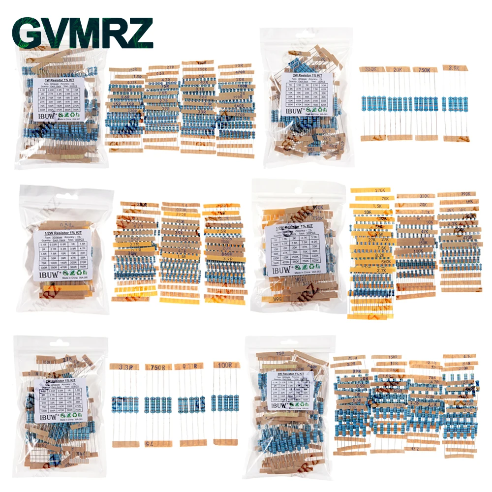 1/4W 1/2W 1W 2W 3W Widerstandsset 1% Metallschichtwiderstands-Sortimentskit 1K~820K 0,1R~750R 10K Image
