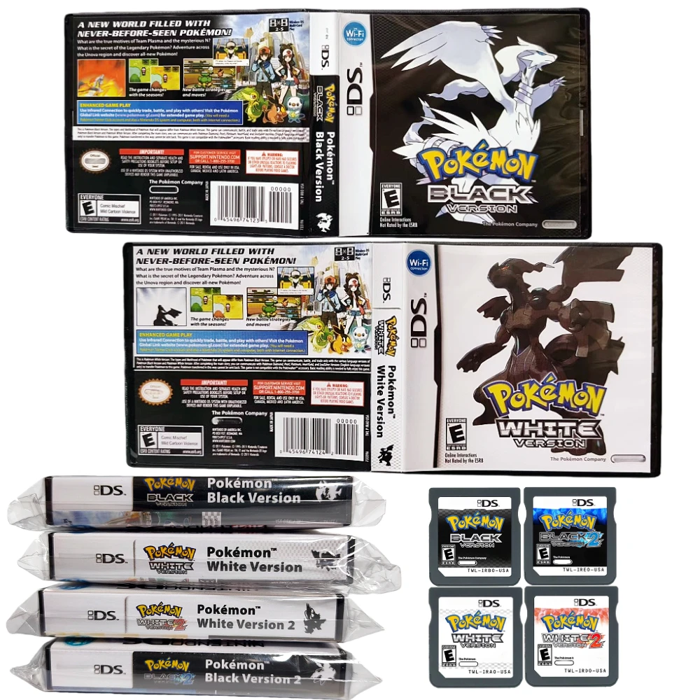Pokemon NDS Game Card Pokemon Black White 1 2 Boxed DS Games Cartridge Video Game Console Card USA English(R4) for NDSL 2DS 3DS