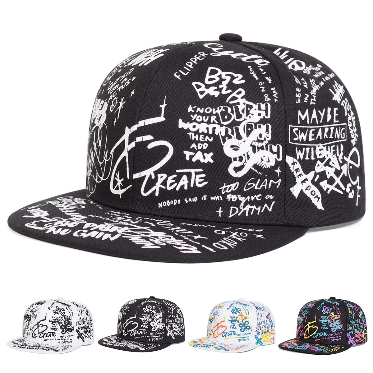 Unisex Schwarz und Weiß Buchstabe Graffiti Druck Hip-Hop Hüte Frühling Herbst Outdoor Einstellbar Casual Baseball Caps Sonnenschutz Hut