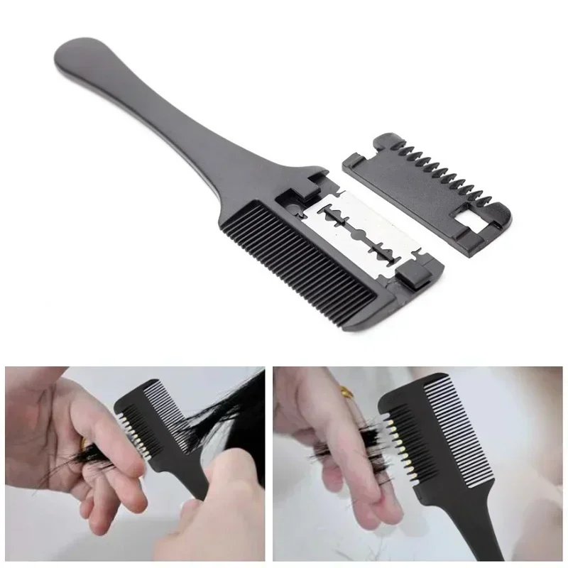1Pcs Tragbare Abnehmbare Zweischneidige Schwarz Griff Rasierer mit Pony Ausdünnung Kamm Professionelle Friseur Salon Styling Zubehör Image