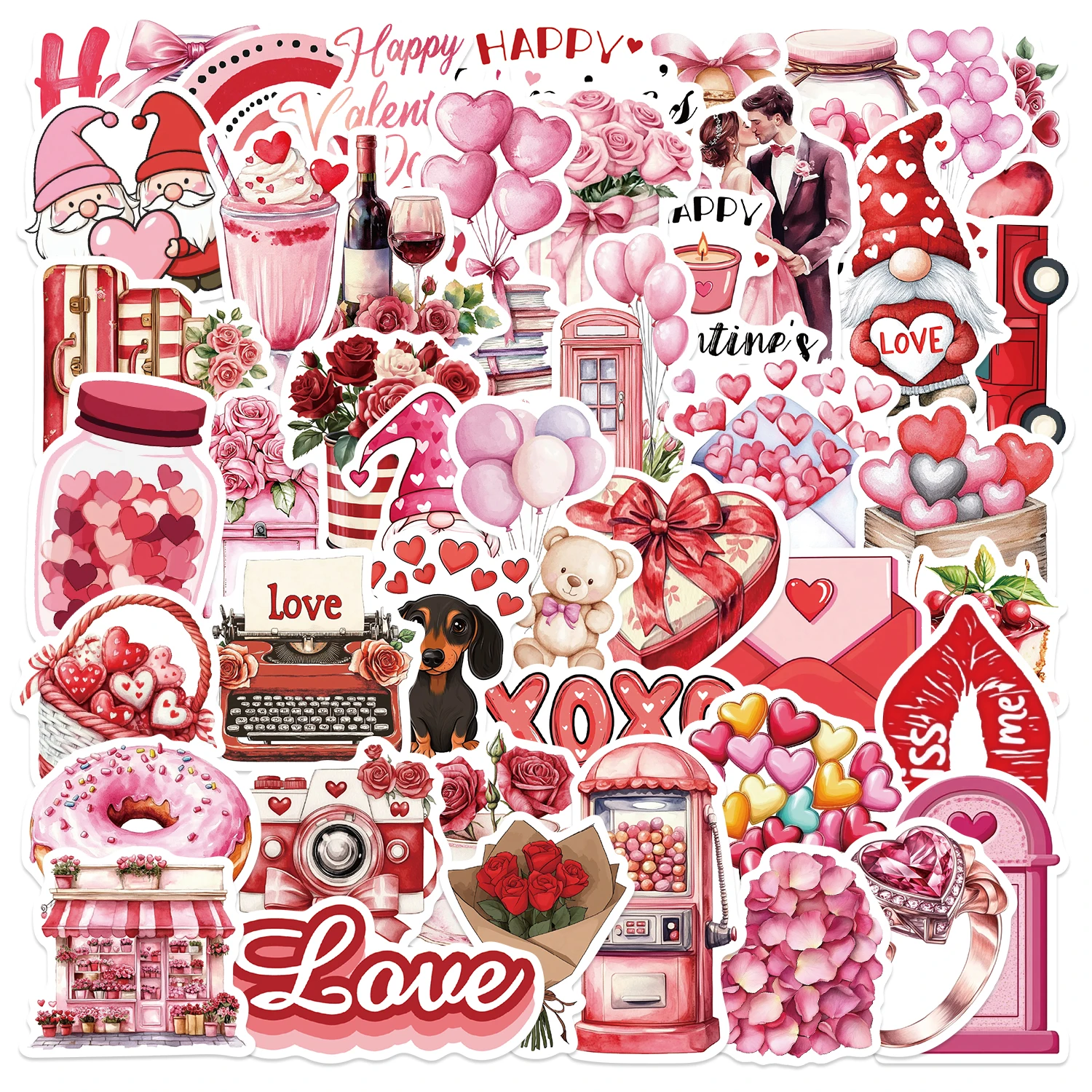 50 Stück rote Cartoon-Romantische Valentinstag-Geschenkaufkleber, niedliche ästhetische DIY-Notizbuch, Laptop, Telefon, Vintage-Graffiti-Aufkleber Image