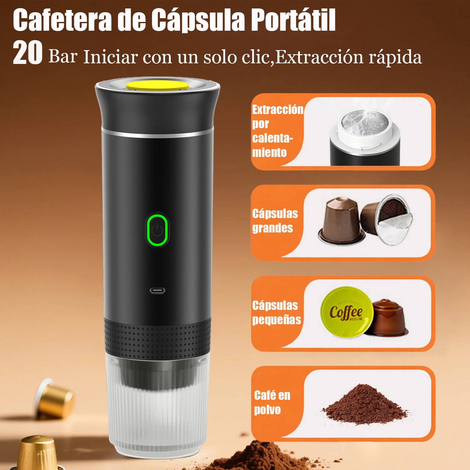 Macchina per caffè espresso portatile elettrica senza fili per macchina da caffè da viaggio per auto e casa Macchina per caffè con estratto in polvere a capsule 3 in 1
