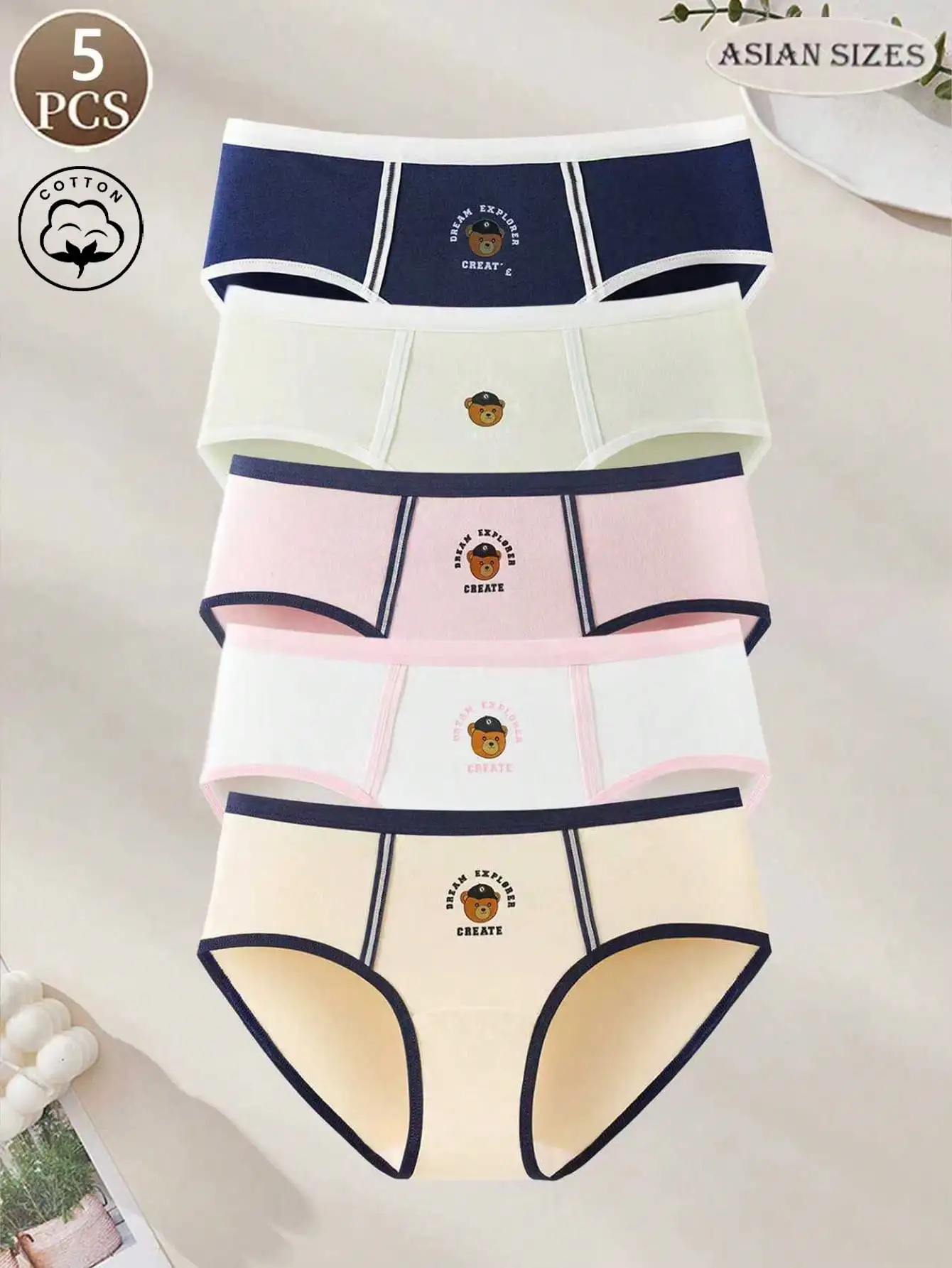 5-teilige lässige Sport-Bären-Buchstaben-Damenunterwäsche aus Baumwolle, bequemer und weicher Damen-Slip mit mittlerer Taille Image