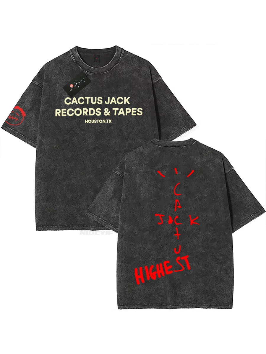 Travis Scott Cactus Jack Washed T-Shirt – Streetwear-T-Shirt, Distressed-Vintage-Stil, inspirierte Hip-Hop-Freizeitkleidung für Fans