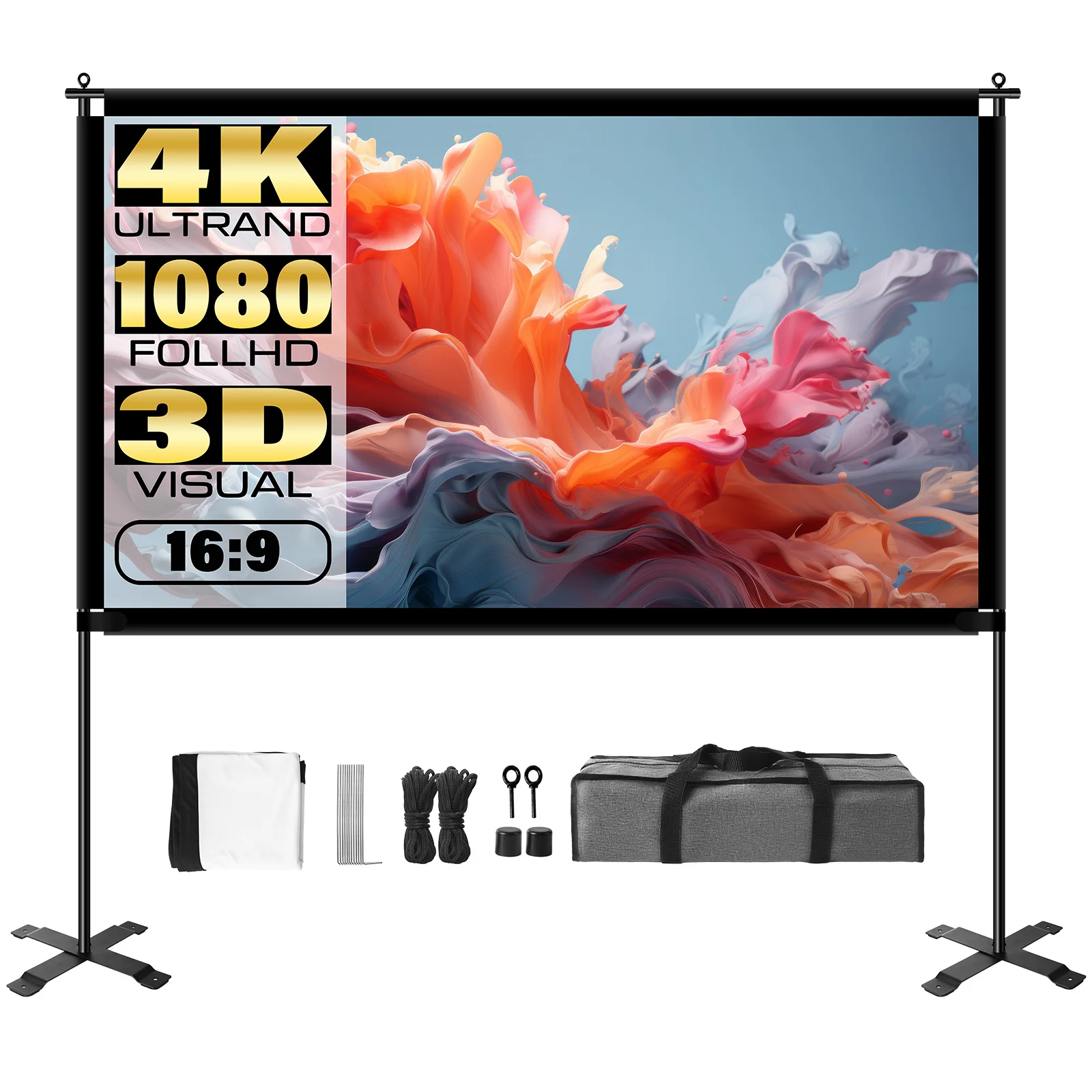 Projektor-Bildschirmständer, 16:9, 4K, 1080 HD, tragbare Projektionswand für Zuhause, Büro, Garten, Kino, Kino, 100–150 Zoll Image