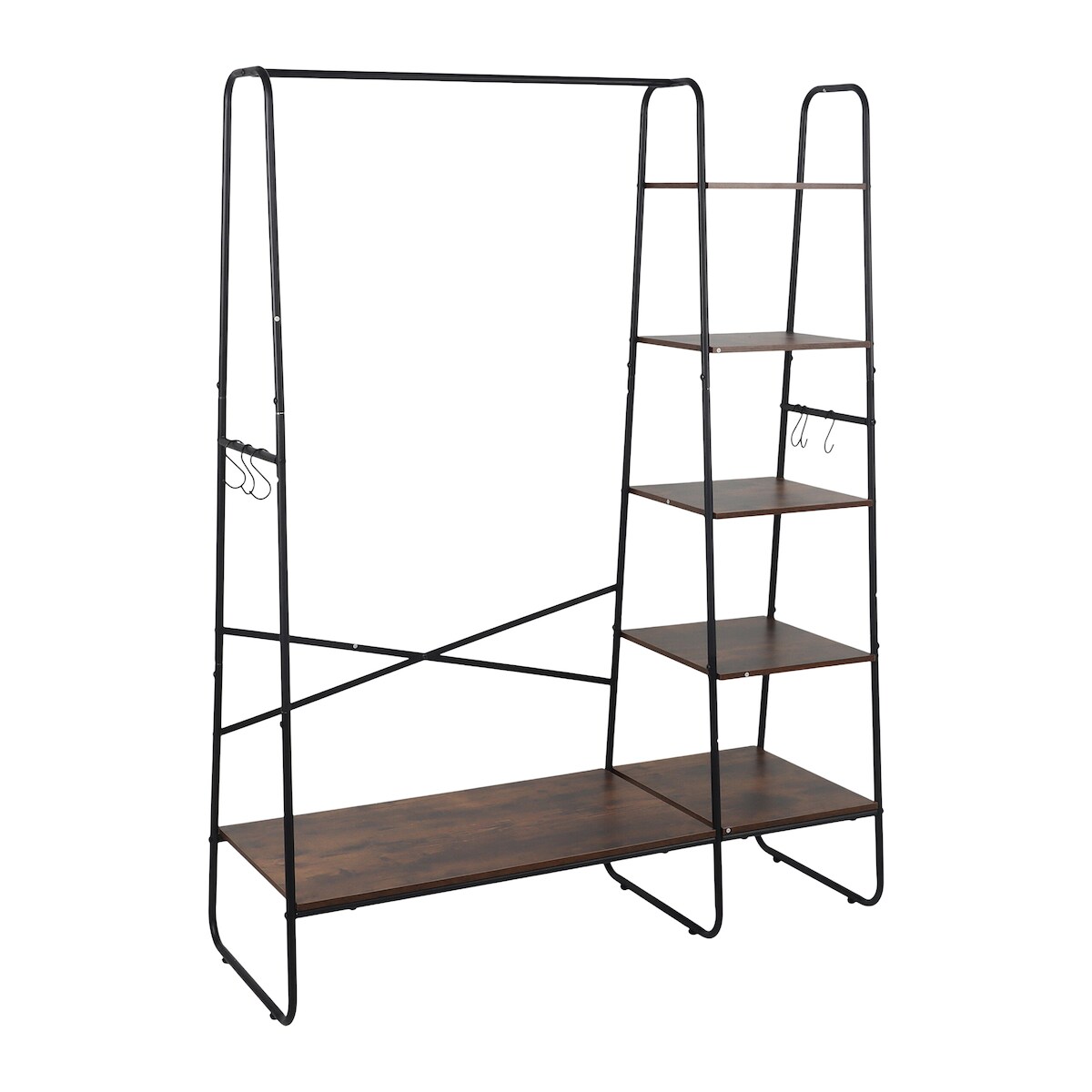 Relaxdays Kleiderständer, 6 Ablagen, 6 Haken, Kleiderstange, HxBxT 160 x 120 x 45 cm, Garderobenständer, braun-schwarz Image