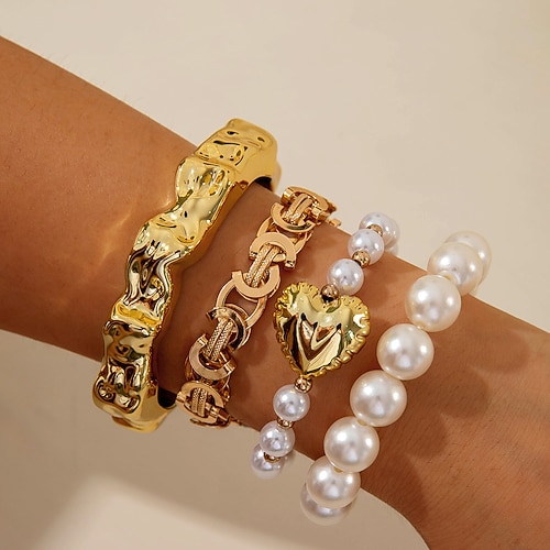 Carnival 2026 Accessori Samba del Carnevale di Rio Bracciali in Tonalità Oro con Perle per Donne - Set Impilabili con perle Barocche Bracciali Aperti e Charm a Cuore con Perline Costume per Festival