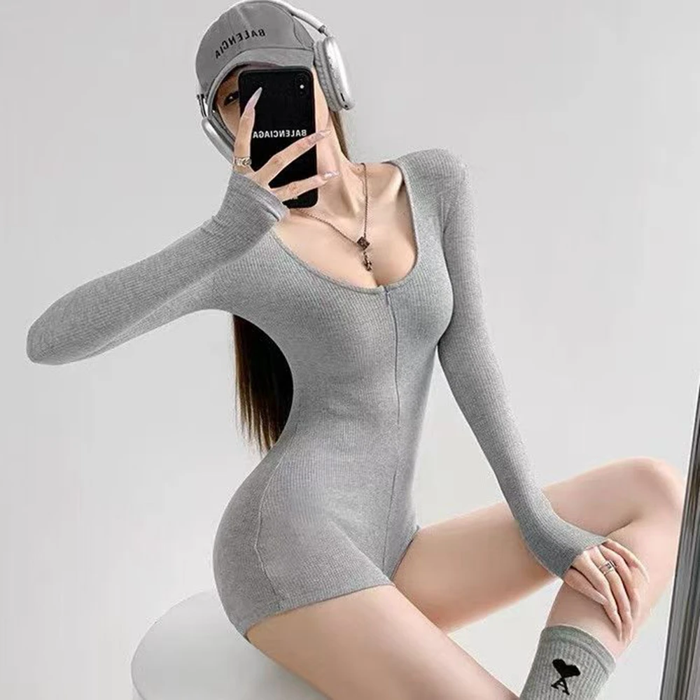 Kurze Jumpsuits für Damen, schmale Passform, Stretch, einteilig, Yoga-Playsuits, Strampler, sexy Fitness, Grau, Basic, tief ausgeschnittener Reißverschluss, Sportbekleidung Image