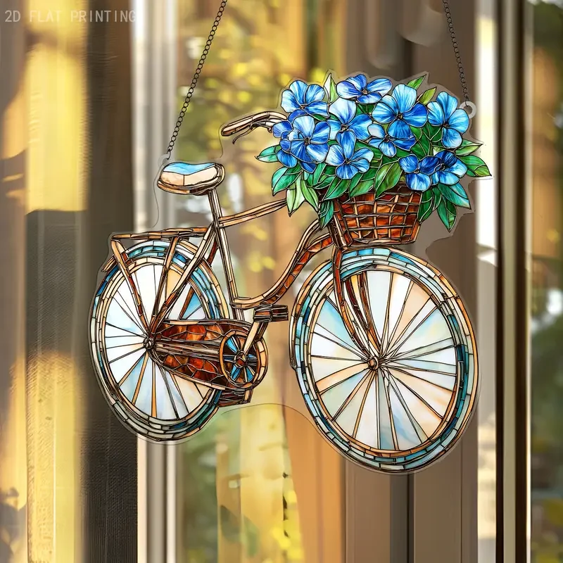 1 Stück Lavendel-Fahrrad-Sonnenfänger, Buntglas-Effekt, hängende Fensterdekoration, Fenster, Gärten oder Innen-Dekoration für alle Jahreszeiten