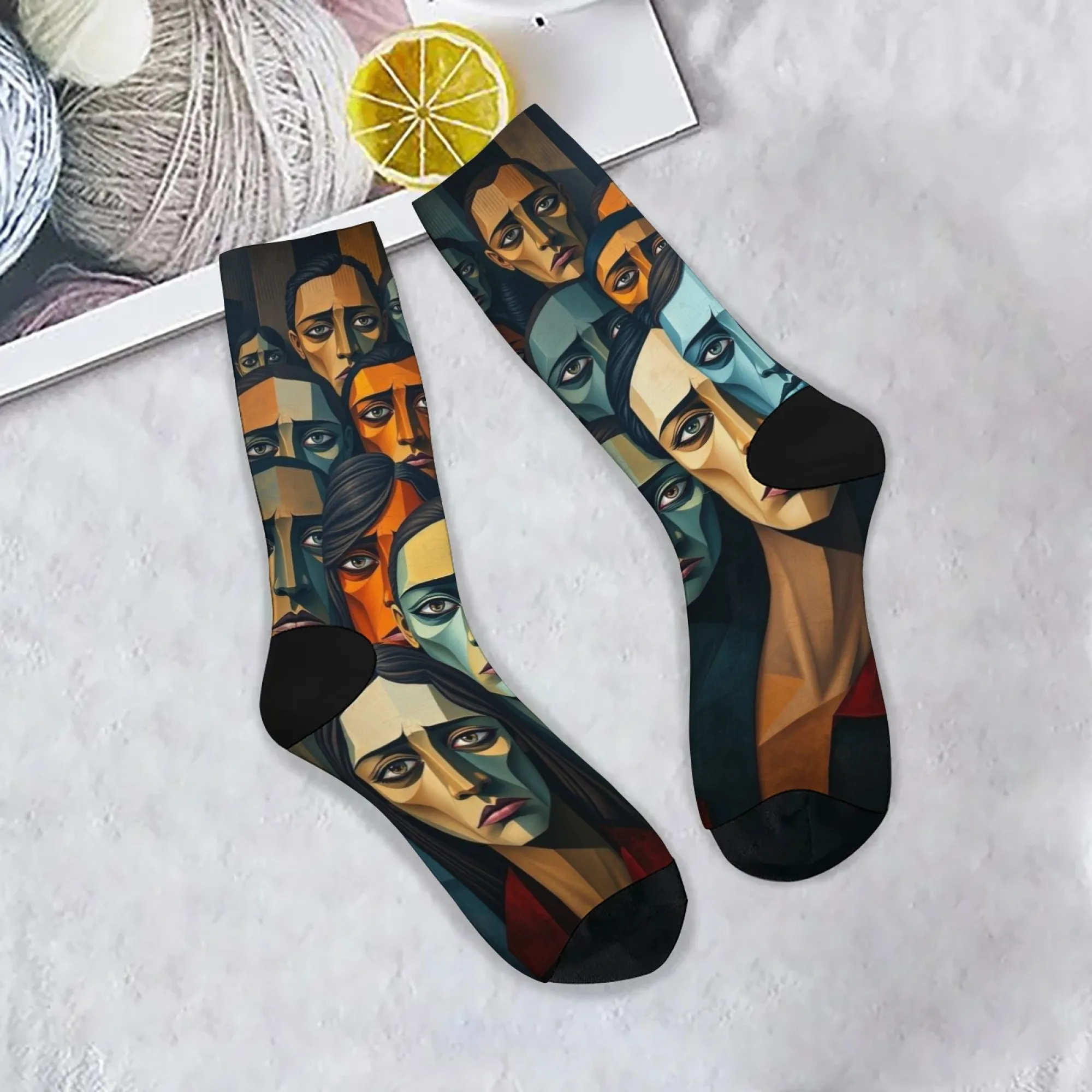 Kubistischer Stil, menschliches Gesicht, Kunstsocken, Neuheit, lustige Herrensocken, bequeme warme rutschfeste Socken, Retro-Mode, lässige Sportsocken Image