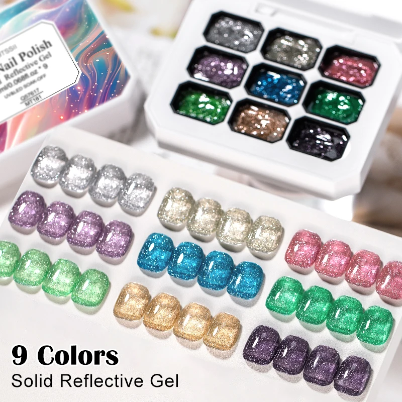 9 Farben solider reflektierender Glitzer-Gel-Nagellack, dunkel, auffällig, funkelnder Glitzer, semi-permanenter UV-Gel-Lack, Nagelzubehör zum Selbermachen Image