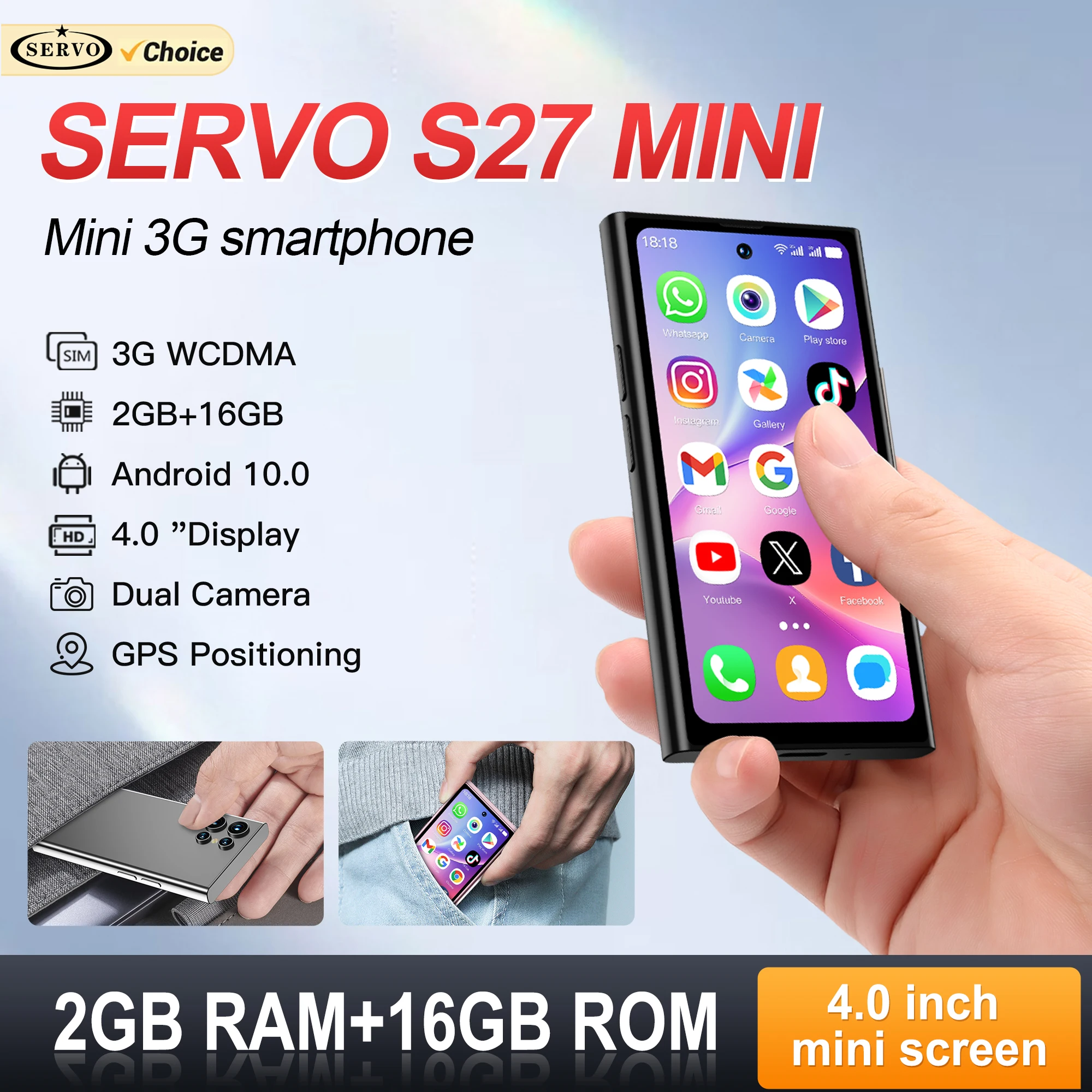 SERVO S27 MINI 3G Pocket Smartphone Android 10.0 OS Play Store 2GB+16GB WiFi Hotspot Dual SIM 4.0
