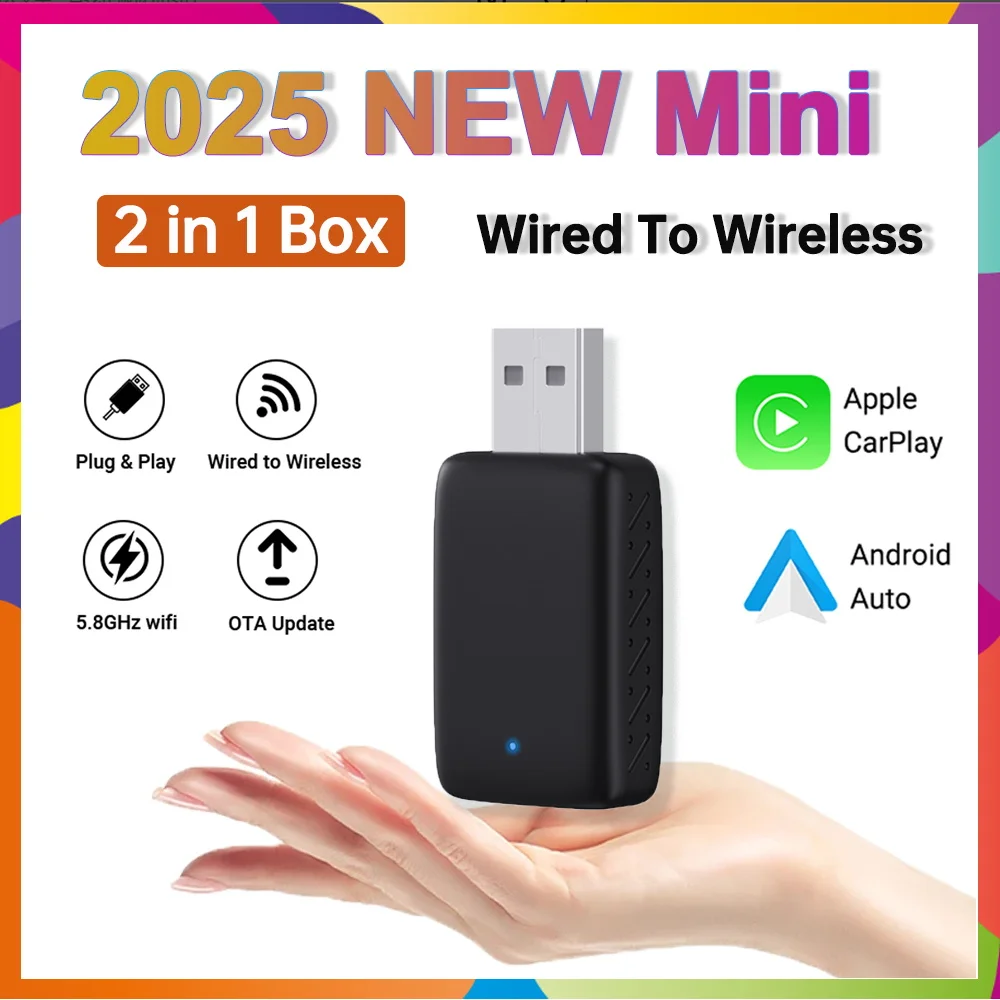 2025 Neuer Adapter 2in1 Mini-CarPlay-Box, verkabelt mit kabellosem CarPlay und Android Auto Smart Box BT WiFi Connect Plug&Play, passend für 99 % Autos Image