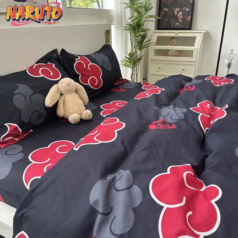 Naruto Akatsuki Anime 3-teiliges Bettwäsche-Set, Bettbezug, Bettbezug, Polyester, ein Bettbezug und ein Paar Kissenbezüge (keine Polsterung) Image