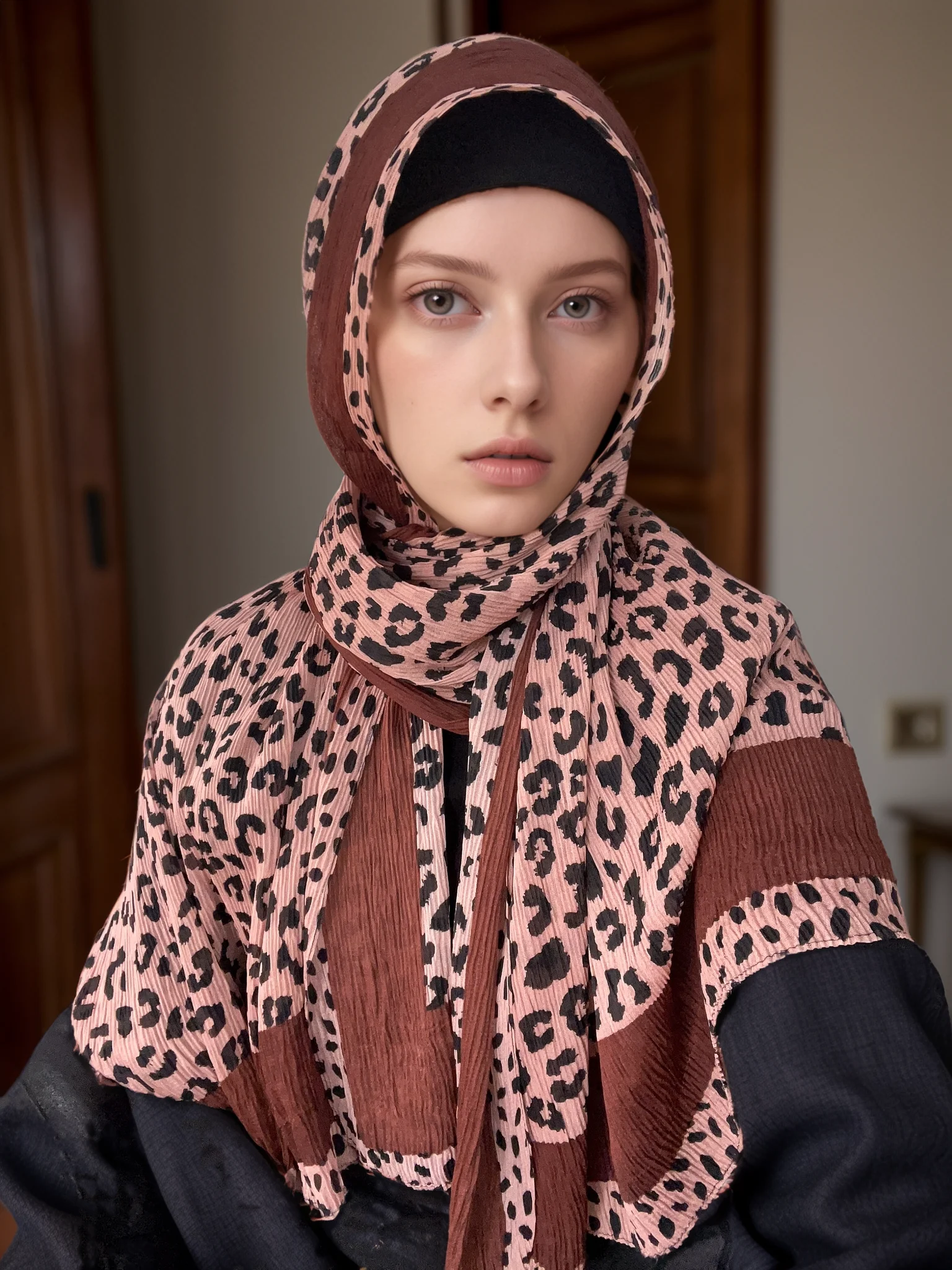 Neue Weiche Plissee Baumwolle Schal Leopard Print Hijab Islamischen Solide Kopftuch Crinkle Hijab Foulard Femme Musulman Wrap Bandana Image