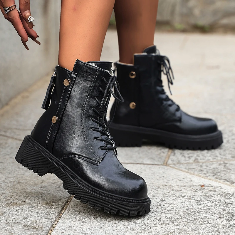 Schwarze dicke Sohle, Punk-Stiefeletten für Damen, Vintage-Stil, Schnürung, Plattform, Motorradstiefel, Damen, 2022, Pu-Leder, Gothic-Schuhe, Größe 35–42