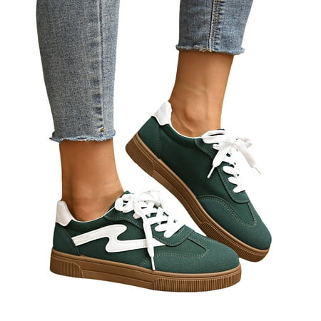 Womens Classic Retro Tennis Shoes Casual Lace Up Skate Shoes Rubber Sole Slip On Sneakers Non Slip Trainers Green Size 7