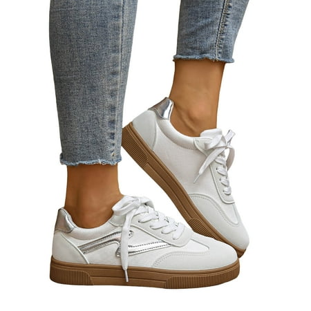 Womens Classic Retro Tennis Shoes Casual Lace Up Skate Shoes Rubber Sole Slip On Sneakers Non Slip Trainers White Size 8