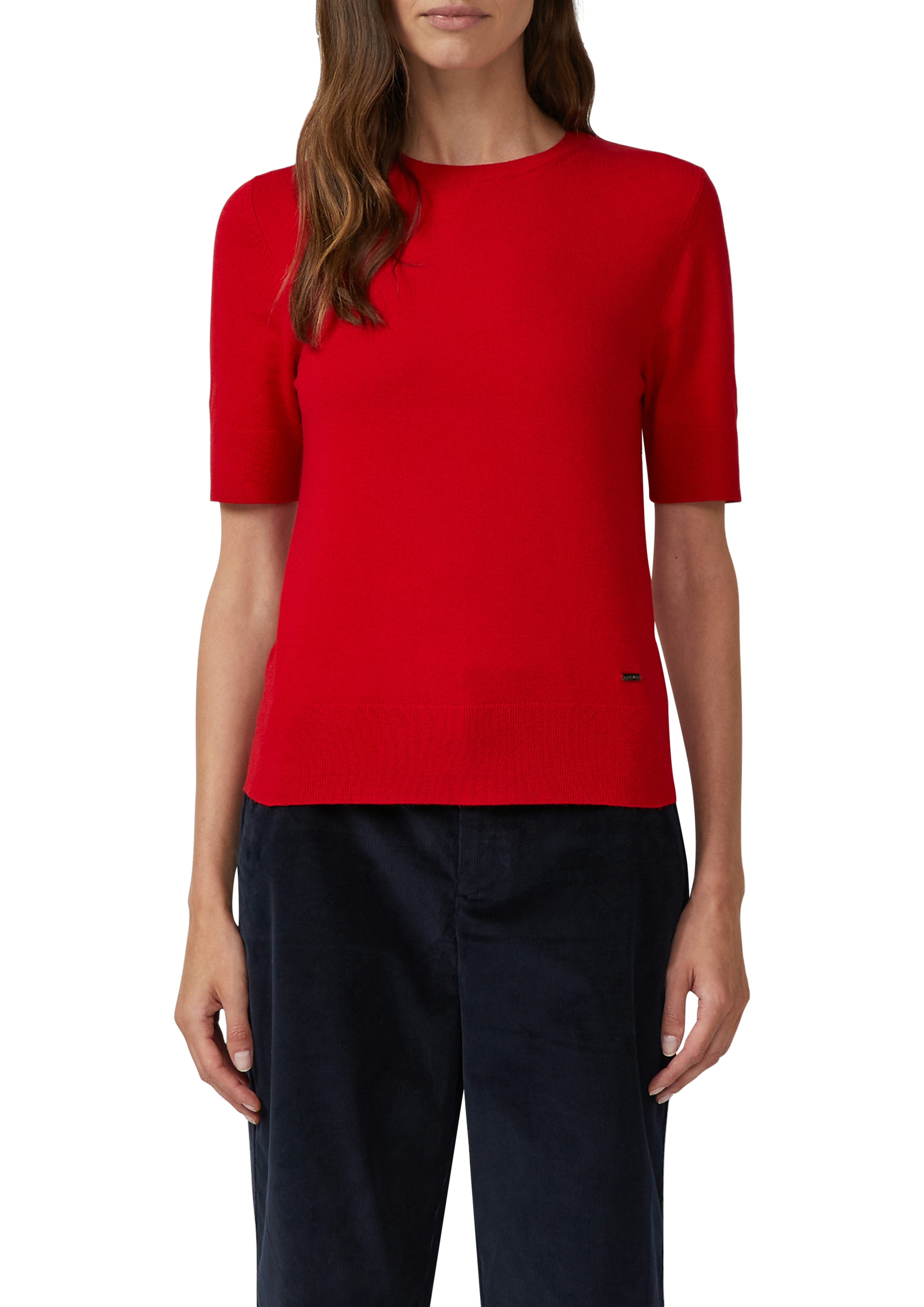 Kurzarmpullover S.OLIVER, Damen, Gr. 42, salsa rot, Web, Obermaterial: 72% Viskose, 28% Polyester, unifarben, regular fit normal, Rundhals, Pullover, mit Logo Stickerei