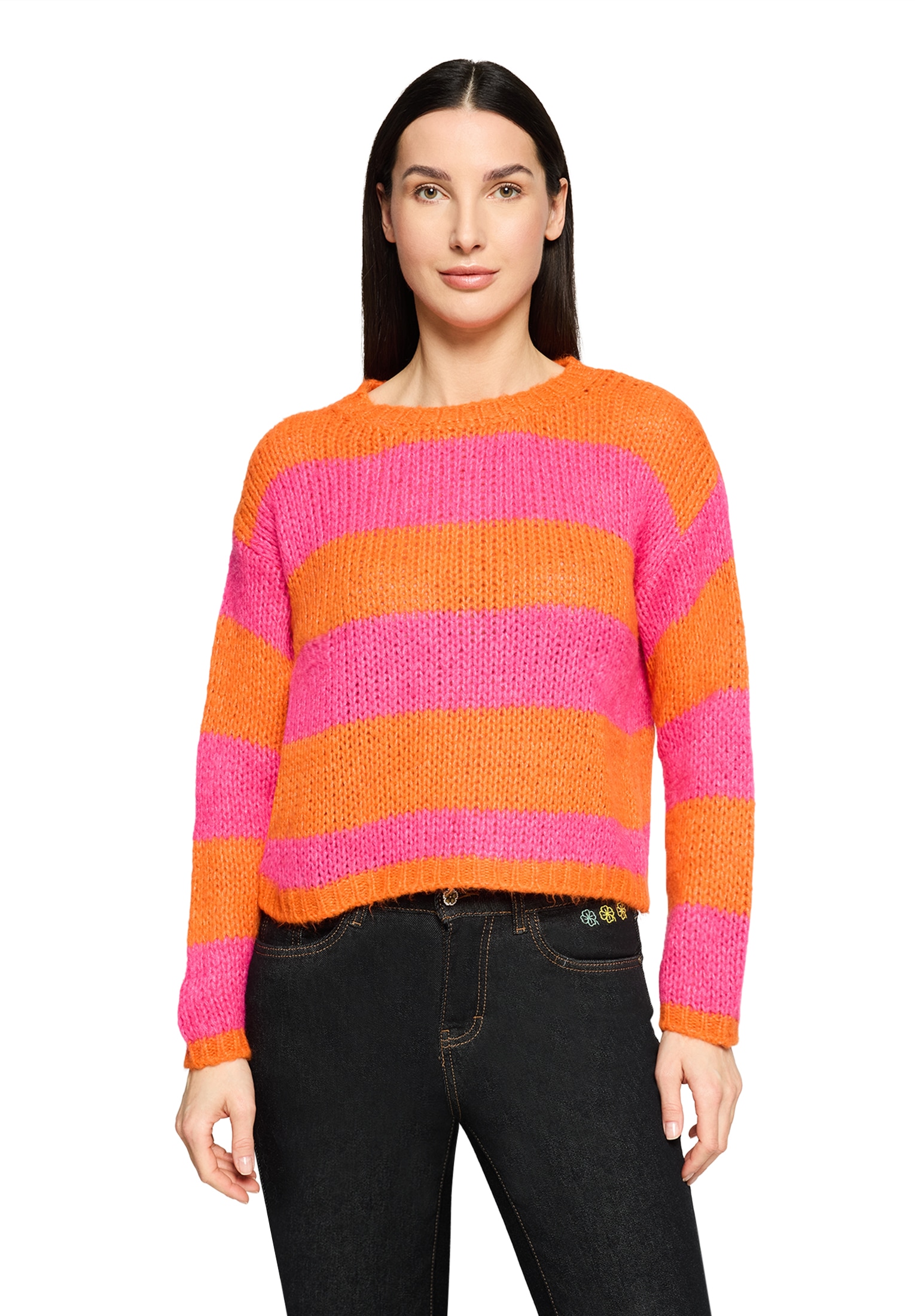Strickpullover CARTOON "Damen mit Rundhalsausschnitt", Damen, Gr. 40, orange, pink, Obermaterial: 57% Polyacryl, 29% Polyamid, 7% Wolle, 7% Viskose, oversize normal, Rundhals, Pullover Strickpullover