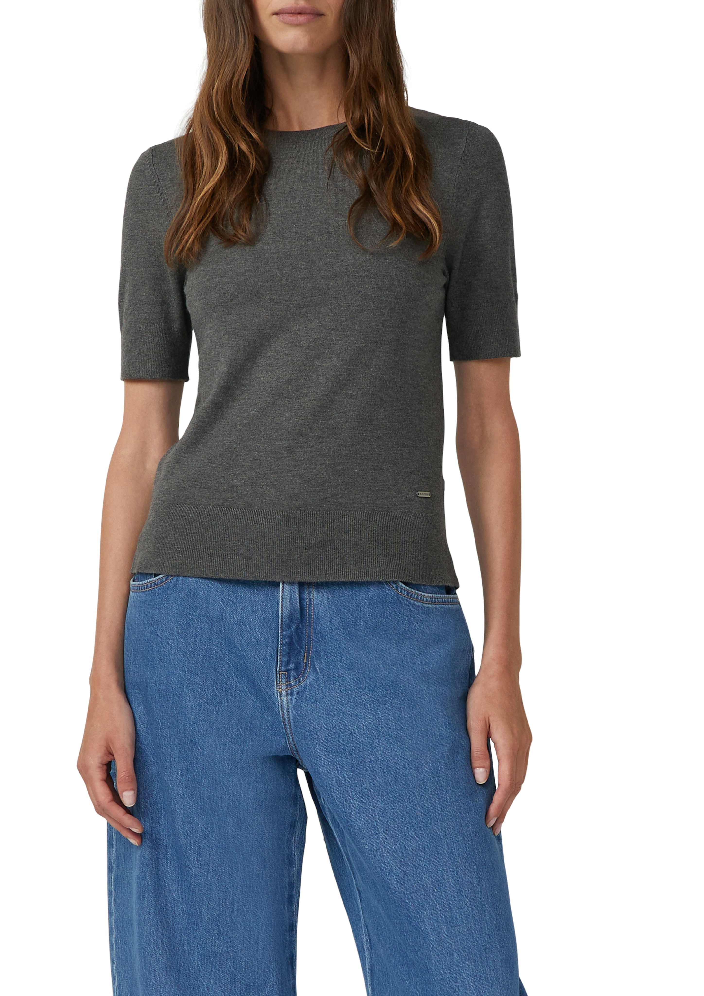 Kurzarmpullover S.OLIVER, Damen, Gr. 46, mid grau, Web, Obermaterial: 72% Viskose, 28% Polyester, unifarben, regular fit normal, Rundhals, Pullover, mit Logo Stickerei