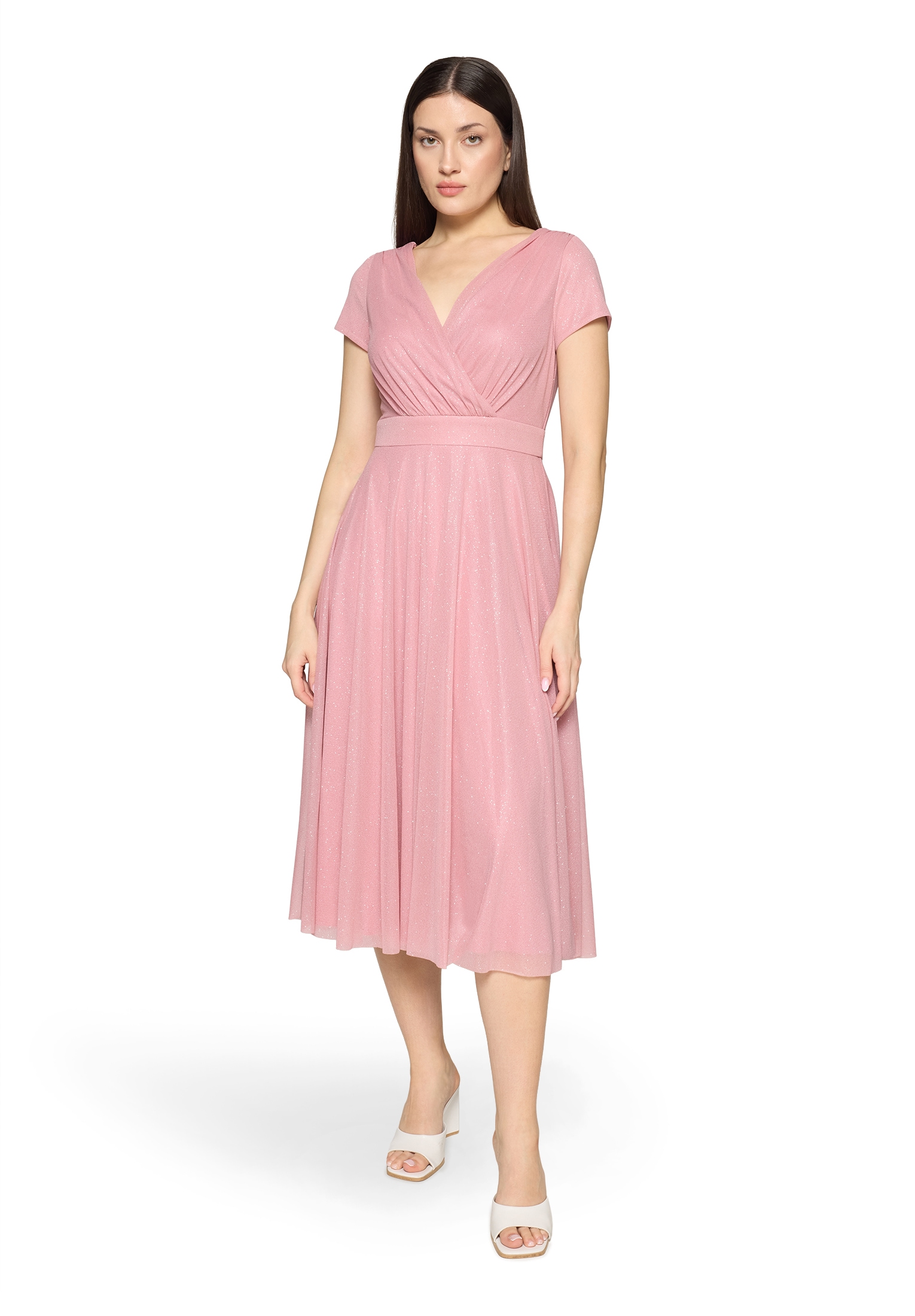 Cocktailkleid VERA MONT "Damen im Glitzer-Look", Damen, Gr. 46, Normalgrößen, silber, rosé, Netz, Obermaterial: 100% Polyester; Futter: 100% Polyester, ausgestellt kurz, V-Ausschnitt, Kleider, Stoff