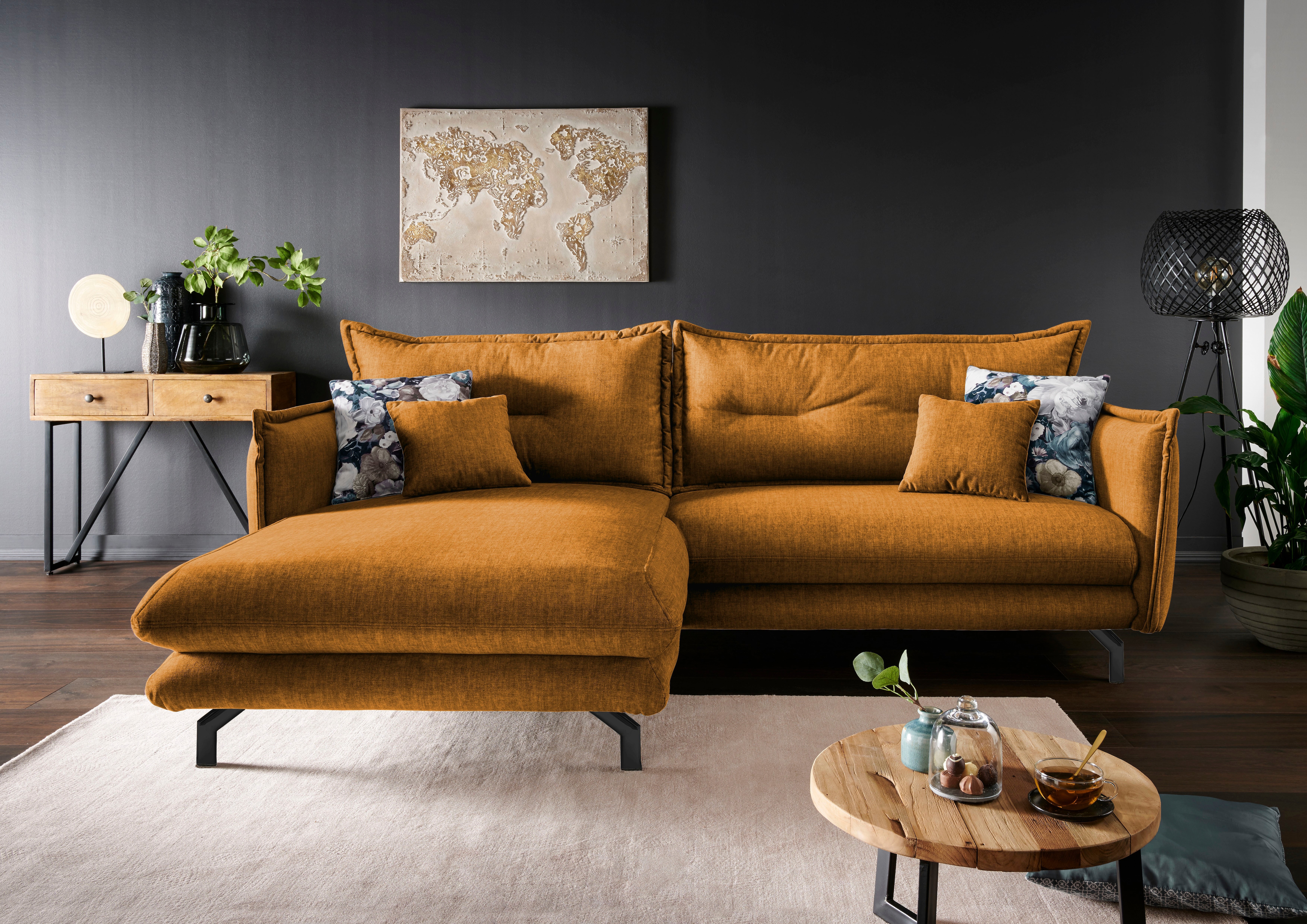 Ecksofa HOME AFFAIRE "LAVA Breite 255 cm, modern und elegant, aktuelle Kissenoptik, L-Form", gelb, dunkel, B:255cm H:94cm T:180cm, Sofas, Ecksofa, Armlehnen verstellbar