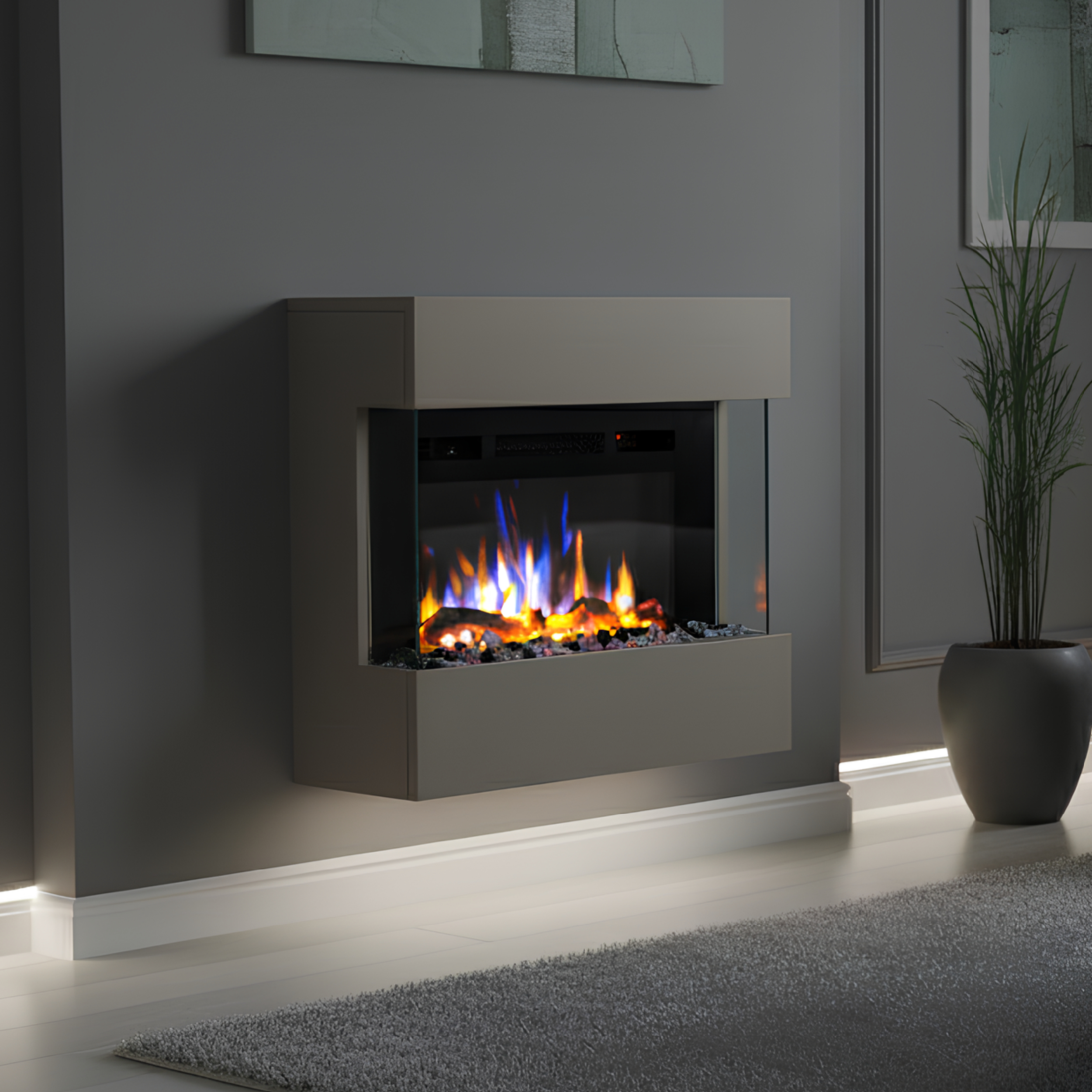 Noble Flame LIMA Wandkamin: Seidengrau - mit weißen Acrylsteinen