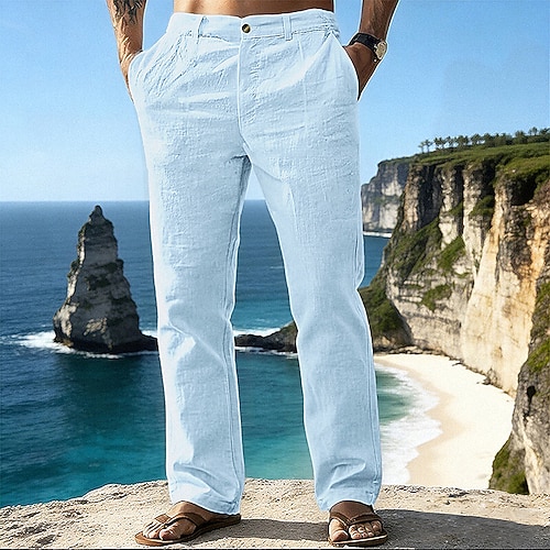 Herren Leinenhosen Hose Sommerhose Strandhose Tasche Einfarbig Komfort Atmungsaktiv Täglich Outdoor Ferien Urlaub Klassicher Stil Schwarz Weiß Image