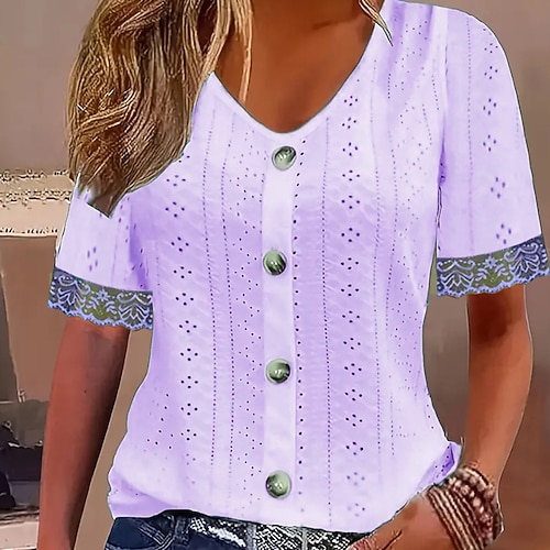 Damen Oberteil mit Spitzenspleiß Sommeroberteile Bluse Elegante Oberteile Gerafft Spitze Patchwork Einfach Elegant Vintage Damen Kurzarm V Ausschnitt Normale Oberteile Täglich Arbeit Ferien Blau Wei Image