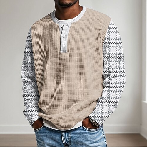 Herren Grafik Geometrisch Farbblock Waffel-Henley-Hemd Lässiger Stil Klassicher Stil Langarm Mode Designer Basic Lässig Täglich Outdoor Herbst Winter Herbst Frühling Herbst Leicht Grün Hellblau Image