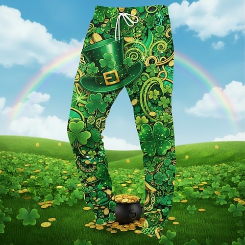 Herren Sweatpants Jogginghosen Hosen Kordelzug Tasche Elastischer Bund Grafisches Vierblättriges Kleeblatt Komfort Atmungsaktiv Alltags Outdoor St. Patrick's Day Urlaub Mode Hellgrün Dunkelgrün Image