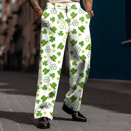 St. Patrick's Day Herren Vierblättriger Klee Shamrock Hosen Anzughosen Mittlere Taille Mode Freizeit Feiertag Lockere Passform Flachfront Anzughosen mit Seitentaschen Frühling Herbst 3D Druck Weiß 1 Image