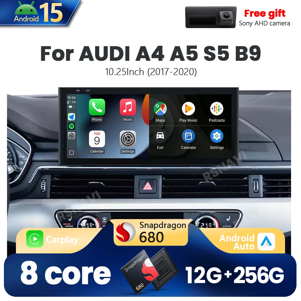 Qualcomm Snapdragon 680 Android 15, für AUDI A4 A5 S5 B9 2017–2020 Wireless CarPlay Auto Autoradio Multiledia Video Player Navi Image