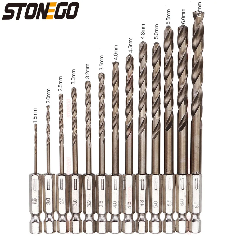 STONEGO 13PCS 1,5-6,5mm M35 Kobalt Bohrer HSS-Co Spiralbohrer Set 1/4 Zoll Sechskantschaft Image