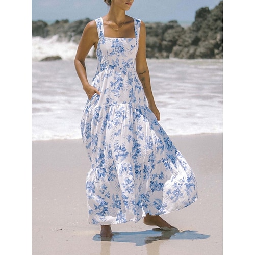 Damen Maxikleid A Linie Kleid Unterkleid Urlaub Lässig Outdoor Ausgehen Lässiger Schnitt Blumen Grafik Ärmellos Spaghettiträger Blau Himmelblau Orange Grün Sommer Frühling Image