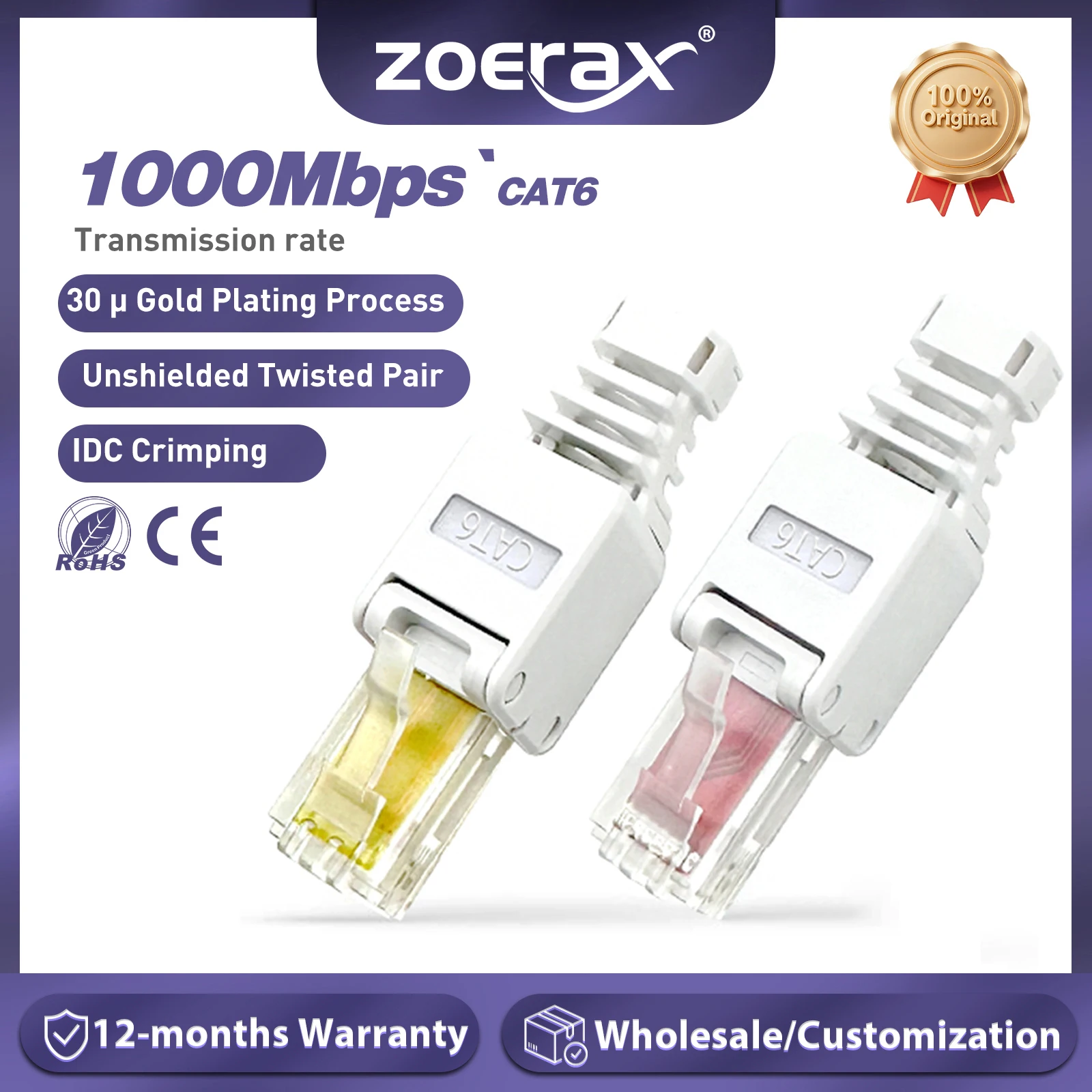 ZoeRax 1 Stück werkzeugloser RJ45-Stecker für UTP CAT6A/CAT6/CAT5E, keine Crimper Internet RJ 45 für 23awg-26awg, werkzeuglose LAN-Kabelenden Image