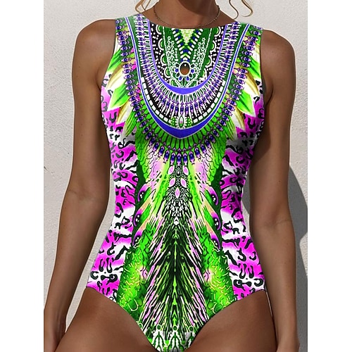 Damen Einteiler Badeanzug Figurschmeichelnd Boho Monokini Panty Bauchkontrolle Hoher Bund Schlank Rückenfrei Urlaub Strandbekleidung Grafik Rundhalsausschnitt Ärmellos Badeanzüge Image