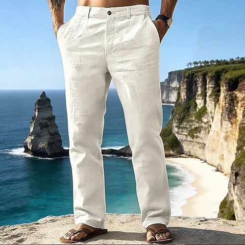 Herren Leinenhosen Hose Sommerhose Strandhose Tasche Einfarbig Komfort Atmungsaktiv Täglich Outdoor Ferien Urlaub Klassicher Stil Schwarz Weiß Image