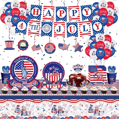 250-Tage-Paket zum US-Unabhängigkeitstag: Individuell gestaltete Banner, Pappteller, Pappbecher, Papierhandtücher, Luftballons, Einwegdekorationen Image