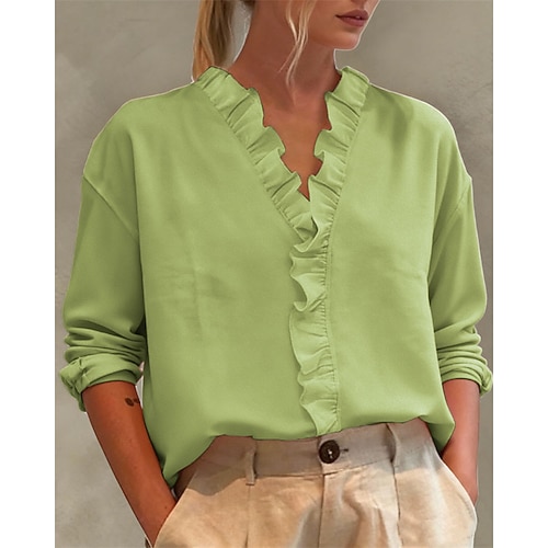 Damen Bluse Elegante Oberteile Gerafft Rüsche Patchwork Einfarbig Einfach Elegant Vintage Täglich Langarm V Ausschnitt Normale Oberteile Täglich Arbeit Ferien Blau Blaugrün Weiß Rosa Grün Sommer Image