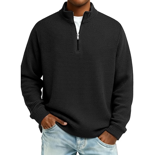 Herren Waffelstrick T-Shirt T-Shirt Lässig Outdoor Stehkragen Viertelreißverschluss Langarm Mode Modern Einfarbig Texture Gestrickt Herbst Frühling Herbst Herbst Winter Normale Passform Wein Image
